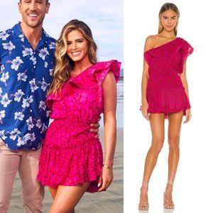 NEW MISA Los Angeles Josefine One Shoulder Ruffle Mini Dress in Pink Giraffe S